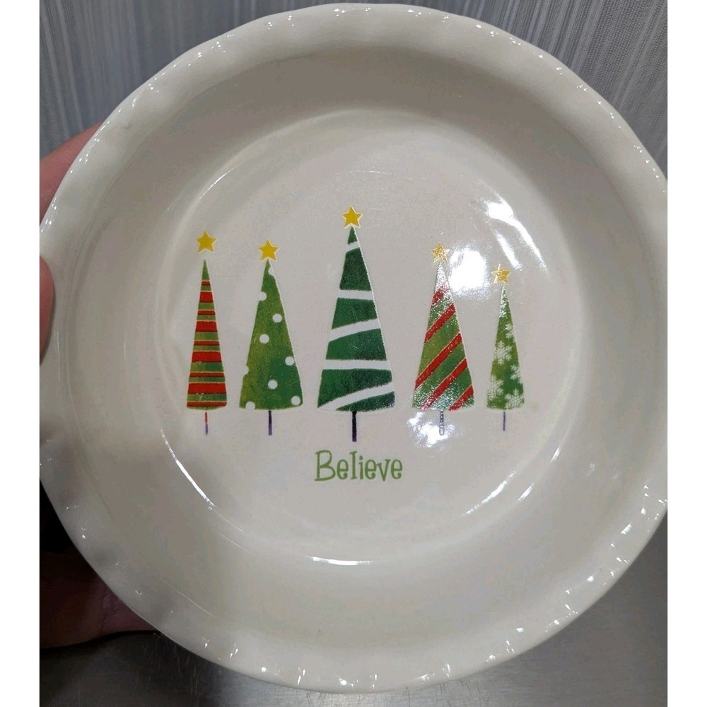 Nantucket Retired Bowl Pie Dish "Believe" Christmas Trees 5in‎ x 2in